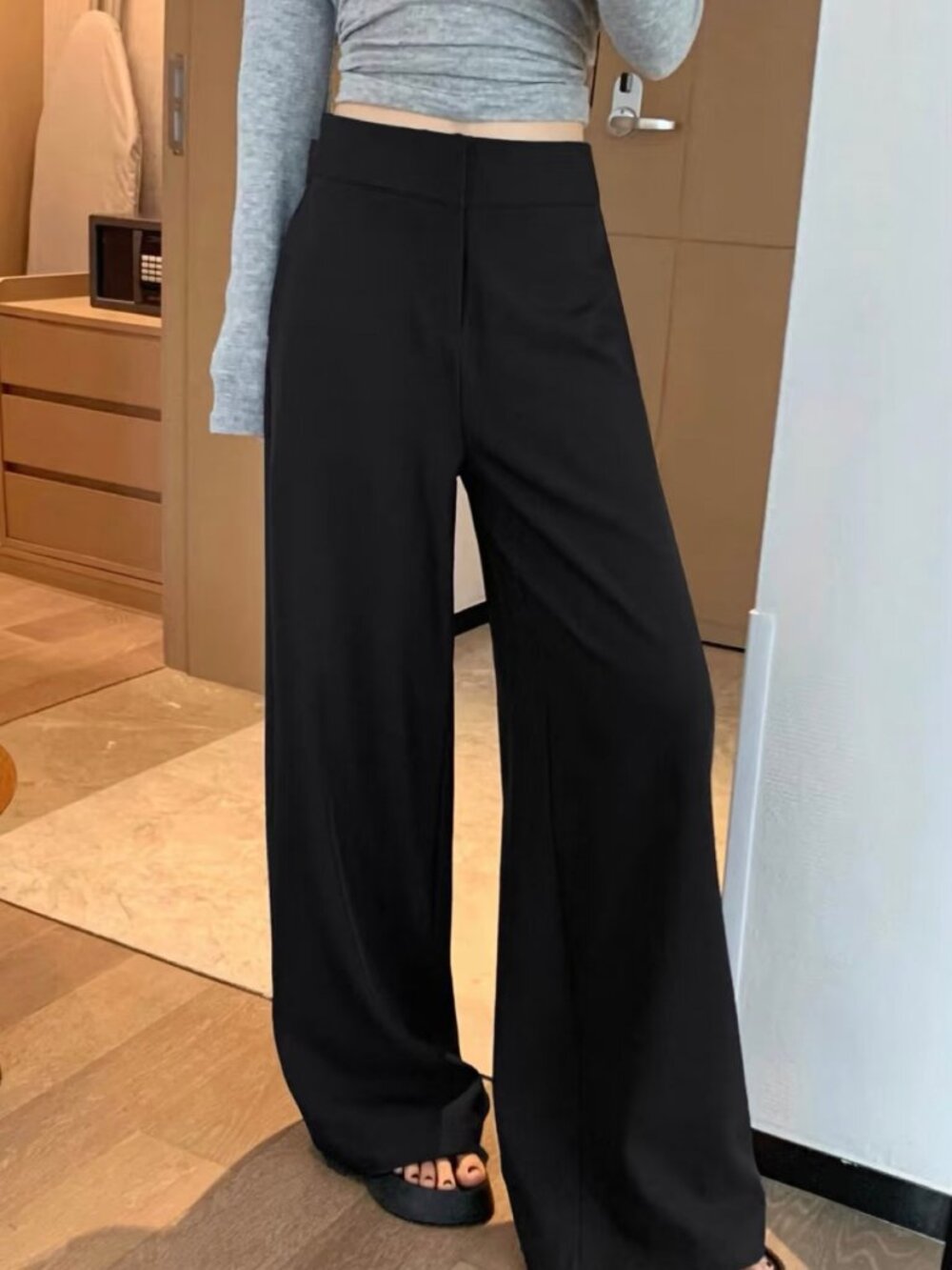 Black Wide Leg Trousers Size L High Waist Tailored Suit Pants Extra Long Brand N